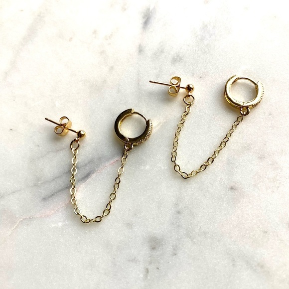 Cubic Zirconia Huggies Double Pierce Drop Chain Earrings - Picture 5 of 5